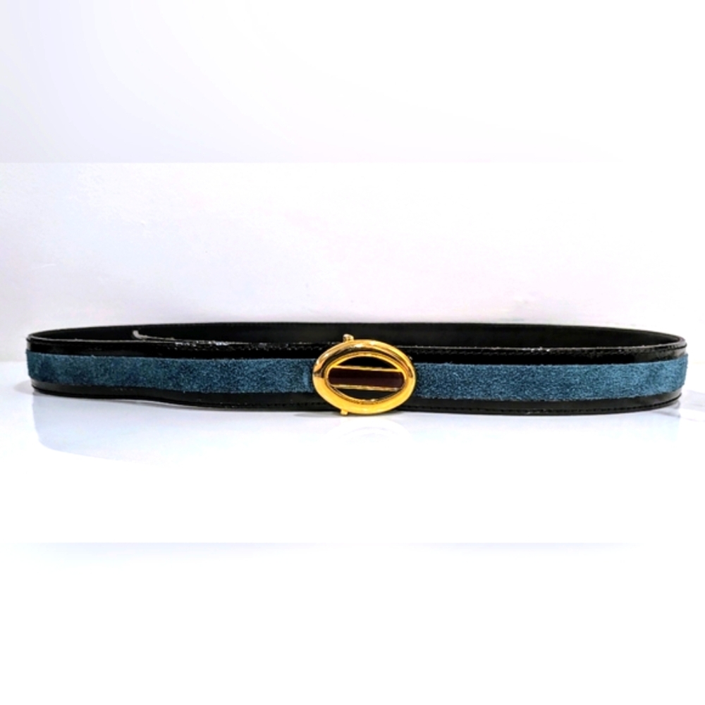 RODIER Vintage Black and Turquoise Suede Belt With Gold Clasp